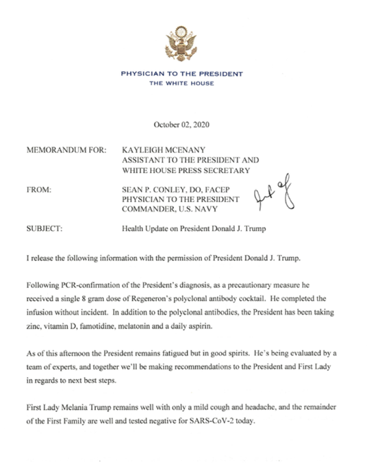 Casa Branca detalha tratamento de Donald Trump contra Covid-19